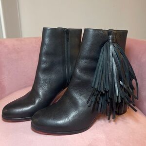 Christian Louboutin Jimmynetta Black Calfskin Leather Fringe Chelsea Booties